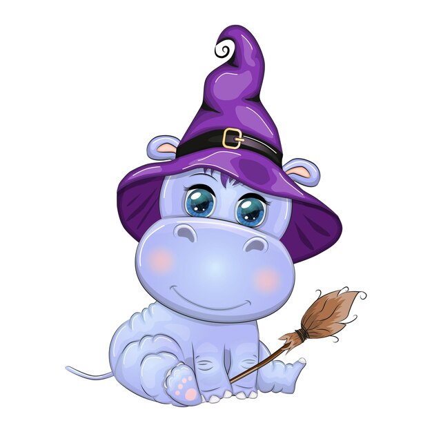 Hipopótamo de dibujos animados con una poción en un sombrero de bruja púrpura y una capa póster de Halloween