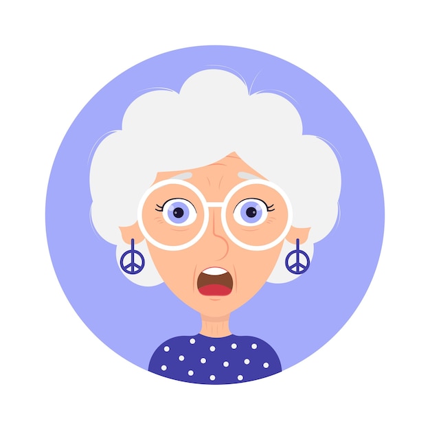 Hippie anciana con asombro emoción carácter avatar aislado vector ilustración sobre fondo blanco