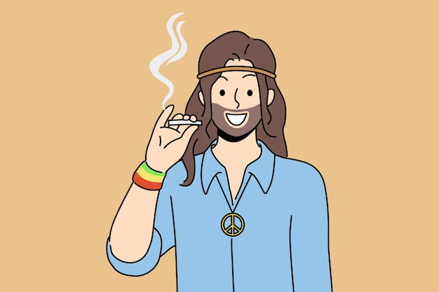 Vector hippie fumando cannabis y sonriendo de pie con el símbolo de la subcultura pacifista en el pecho