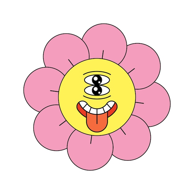 Vector hippie groovy chamomile smiley extraño personaje buen rollo retro daisy cabeza de flor loca mascota