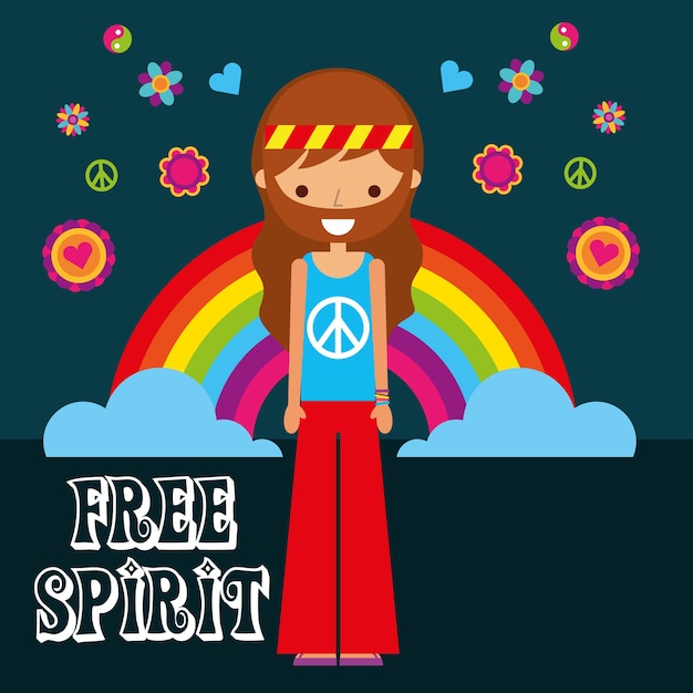 Vector hippie hombre arco iris flores espíritu libre