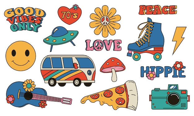 Hippie logotipo de los años 70 caricaturas divertidas pegatinas psicodélicas con símbolo de paz del Pacífico set de signos retro aislados de corazón de relámpago o margarita de guitarra y furgoneta hippie