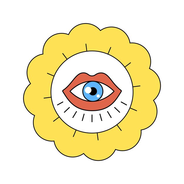 Vector hippie manzanilla extraño personaje buen rollo retro daisy mascota con ojo en la boca cabeza de flor con
