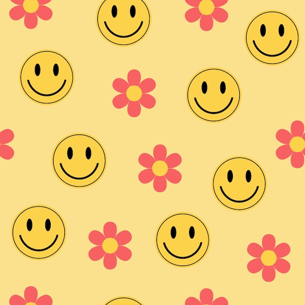 Hippie y2k emojis maravillosos y flores de patrones sin fisuras Pegatinas de sonrisa amarilla y flores de color rosa