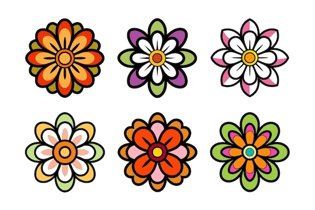 Hippy Groovy Daisy Flowers Set Ilustración vectorial de estilo vintage retro en fondo blanco
