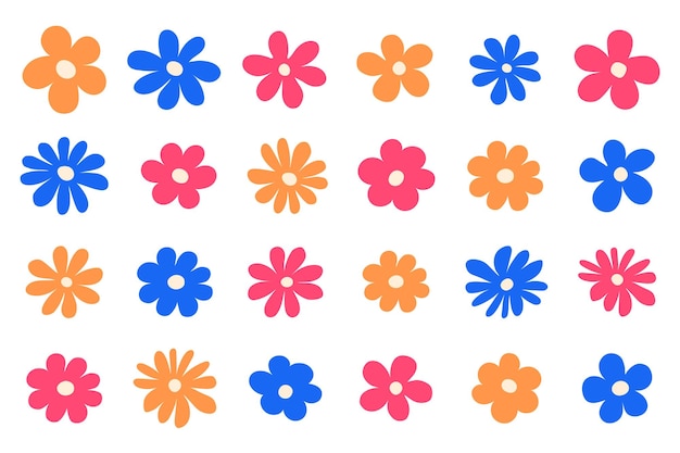 Hippy groovy daisy set de flores de estilo vintage retro con elementos dibujados a mano de los años 60 y 70