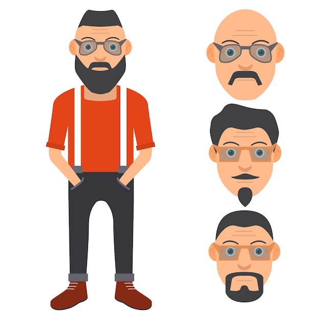 El hipster con barba y gafas de sol. El joven con camiseta, pantalones y zapatillas.