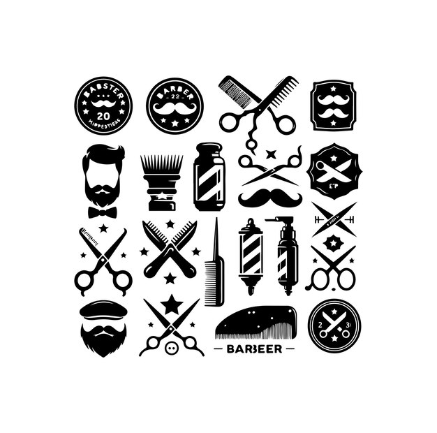 Hipster barbería logotipo vintage insignia tijeras de barba afeitadora barba rizada ilustración vectorial del bigote