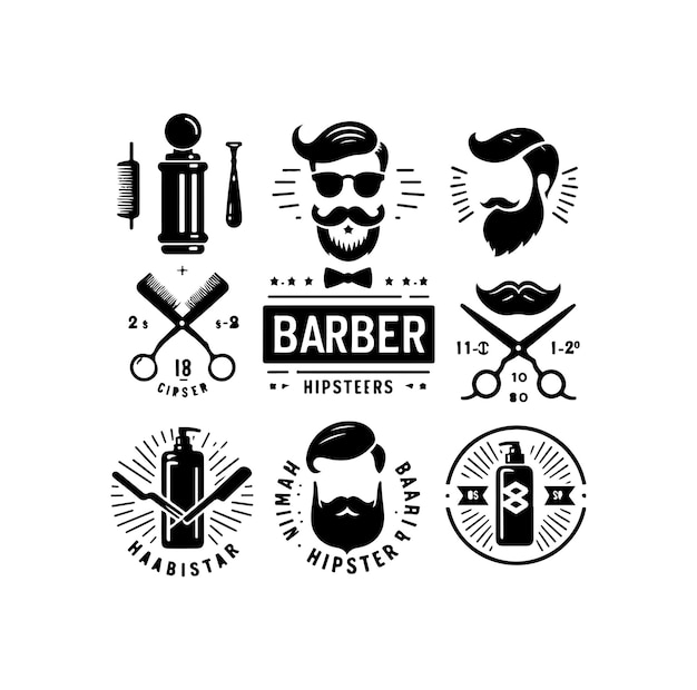 Hipster barbería logotipo vintage insignia tijeras de barba afeitadora barba rizada ilustración vectorial del bigote