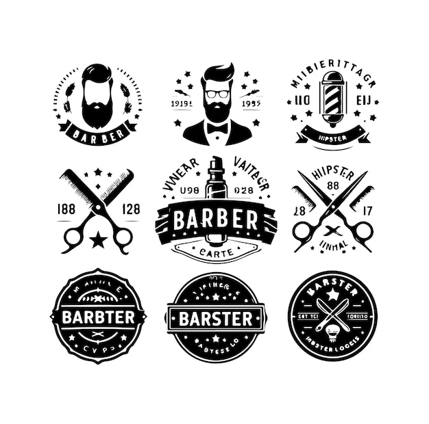 Hipster barbería logotipo vintage insignia tijeras de barba afeitadora barba rizada ilustración vectorial del bigote