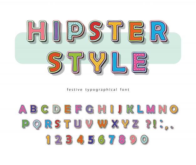 Hipster font. alfabeto colorido cómic pop art con letras y números