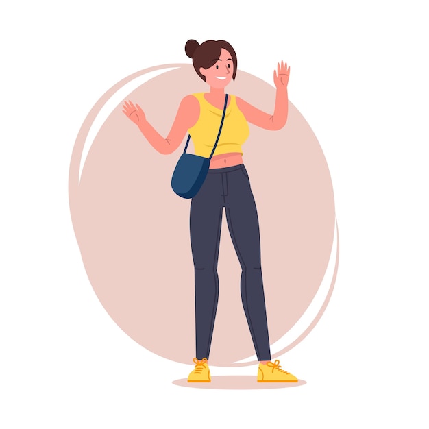 Hipster Girl Ilustración vectorial Latina morena con un traje elegante agitando las manos