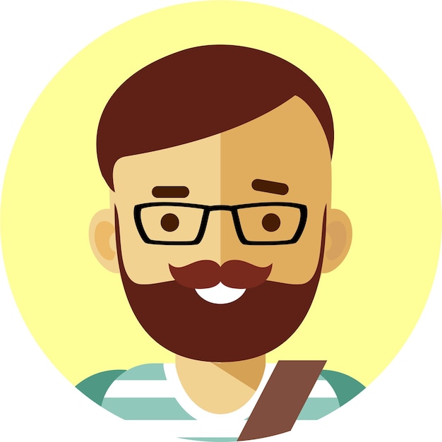 Vector hipster de hombre adulto joven con barba y bigote en camiseta a rayas icono de cara de avatar redondo en flat st