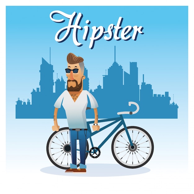 Vector hipster hombre de dibujos animados con bicicleta