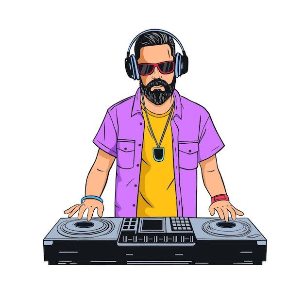 Vector hipster joven dj con barba mezclando música en tocadiscos dj tocando y mezclando música en cubierta