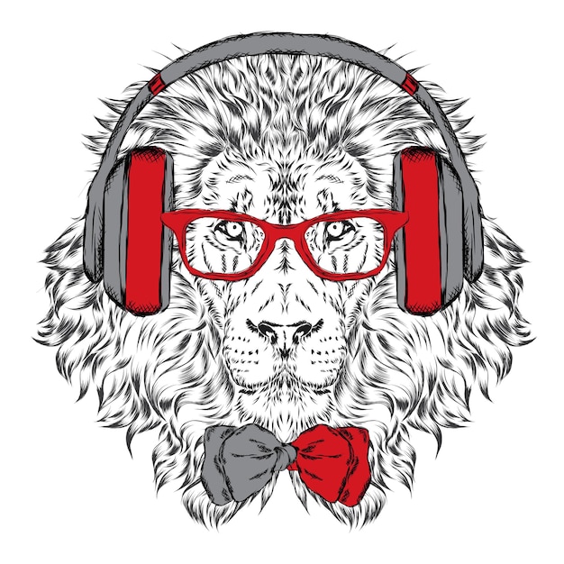 Hipster de león guapo en auriculares con estilo