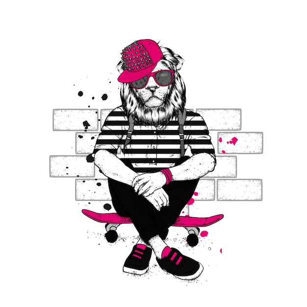 Hipster León guapo en patineta y ropa elegante