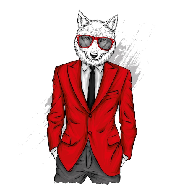 Hipster de lobo en una chaqueta y gafas