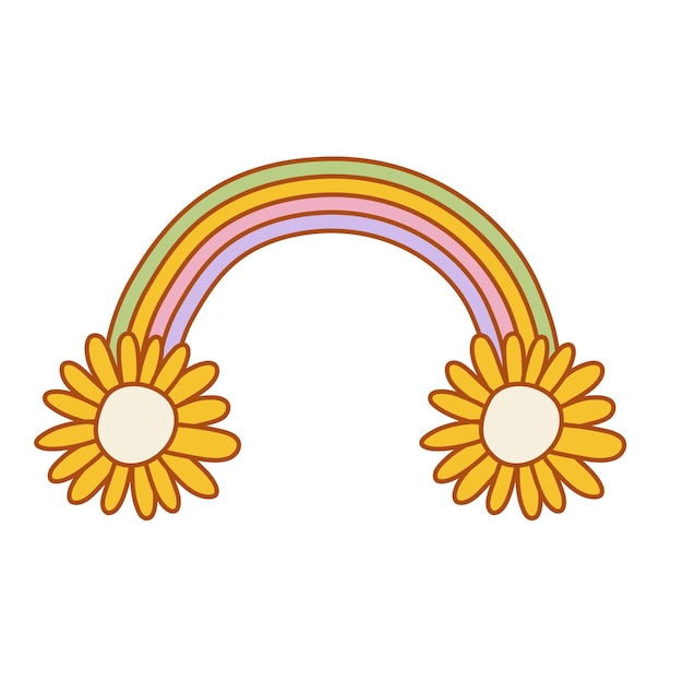 Hipster retro y2k arco iris con flores Funky ilustración en estilo hippy vintage