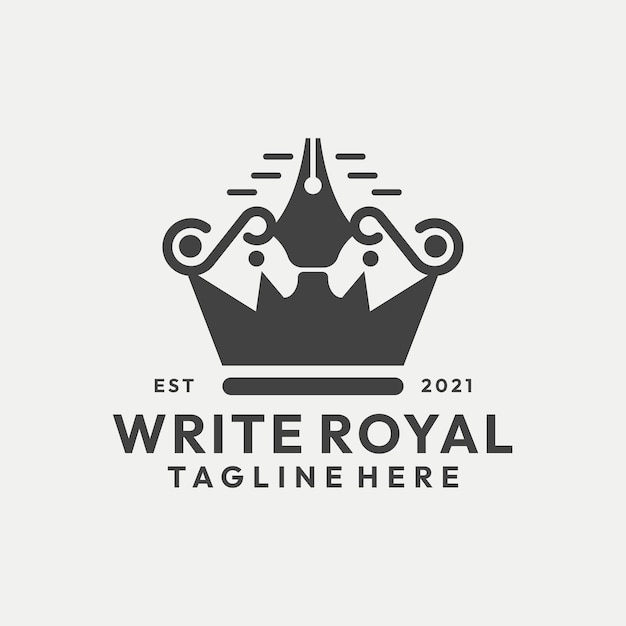 Hipster write royal con corona y vector de logotipo de pluma