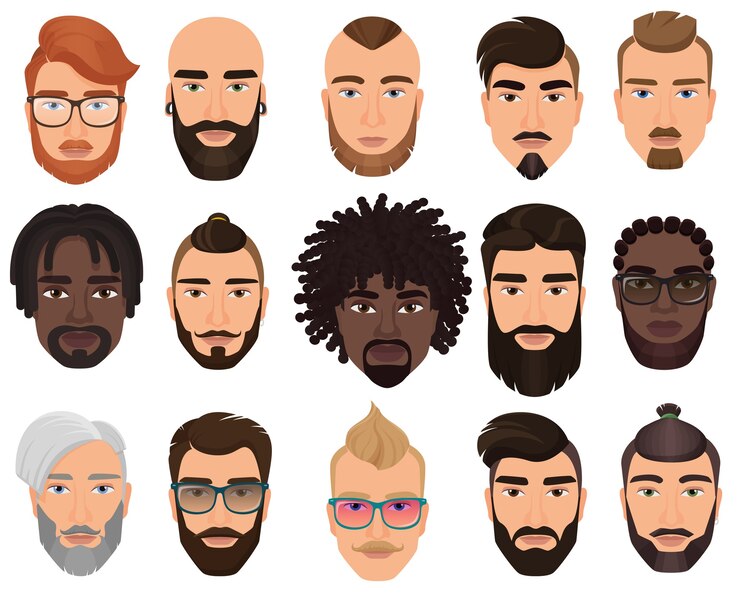 Vector hipsters elegantes hombres barbudos con peinados de diferentes colores, bigotes, barbas aisladas.