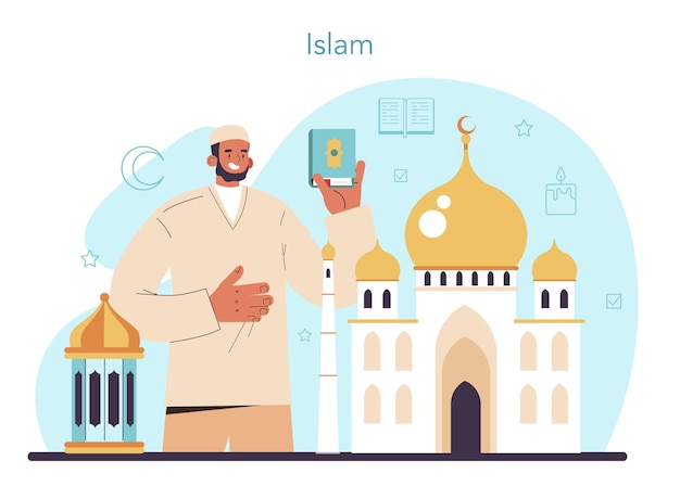 Vector historia de un concepto de religión. los científicos estudian las ideas religiosas humanas y su desarrollo. personas de diferentes religiones. islam. ilustración vectorial plana