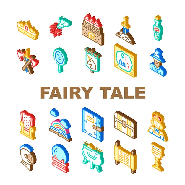 Historia de cuento de hadas Iconos de libros medievales Conjunto Vector Castillo y equipo de armadura de caballero Mago y bruja Personaje de cuento de hadas Espejo mágico y esfera de cristal Rey Signo isométrico Ilustraciones en color