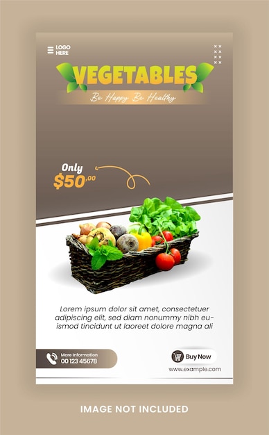 Vector historia de instagram saludable supermercado verduras publicación en redes sociales con plantilla de color de chocolate