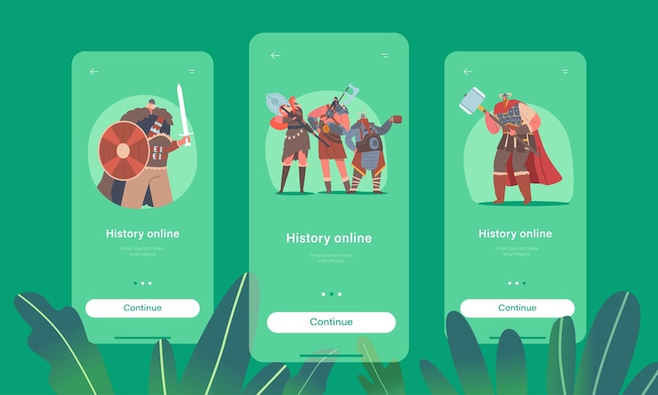 Vector historia en línea página de la aplicación móvil plantilla de pantalla integrada personajes vikingos usan pieles y sostienen armaduras espadas