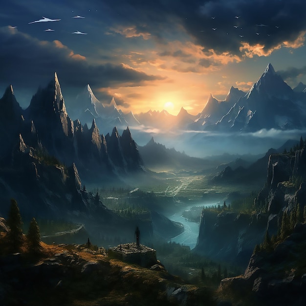 Vector historia misterio planeta hada pintura pico fantasía valle obra de arte niebla tierra amanecer juego artístico