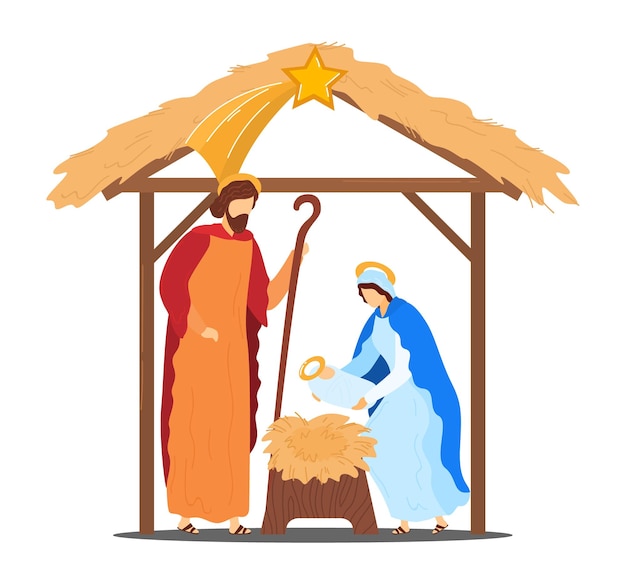 Historia de la natividad bíblica con dos figuras hombre y mujer natividad de la ilustración de vector de bebé santo