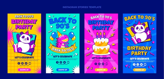 Vector historias de ig de cumpleaños de los 90 dibujadas a mano