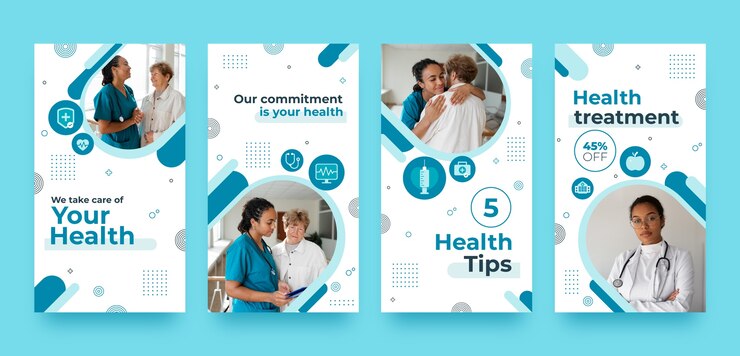 Vector historias de instagram de atención médica de diseño plano.