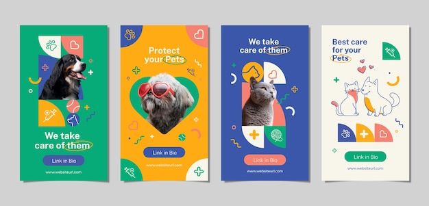 Vector historias de instagram de atención veterinaria de diseño plano