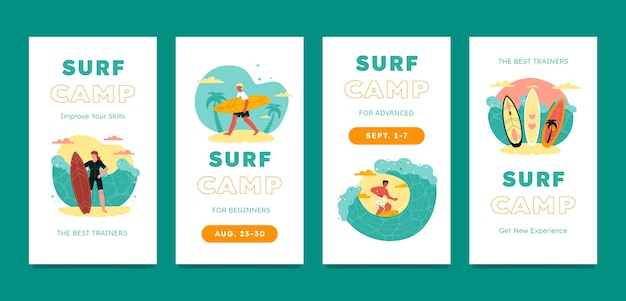 Vector historias de instagram de aventuras de surf