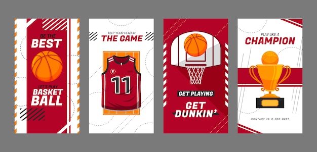 Vector historias de instagram de baloncesto de diseño plano dibujado a mano