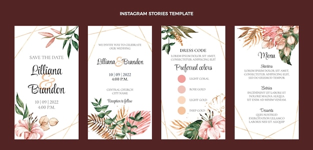 Vector historias de instagram de boda boho acuarela