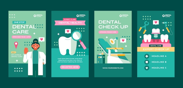 Historias de instagram de clínica dental de diseño plano