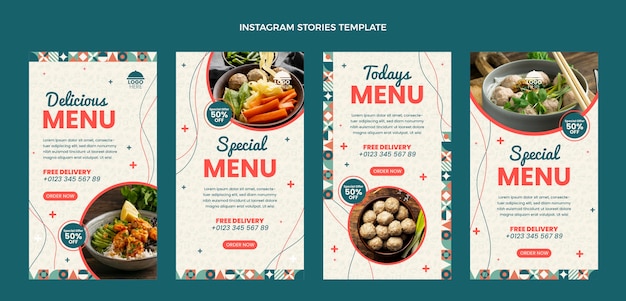 Historias de instagram de comida de diseño plano