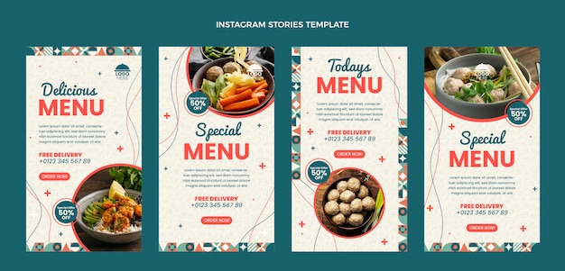 Vector historias de instagram de comida de diseño plano