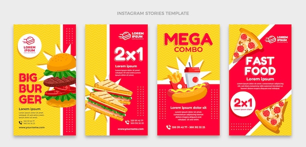 Historias de instagram de comida rápida de diseño plano