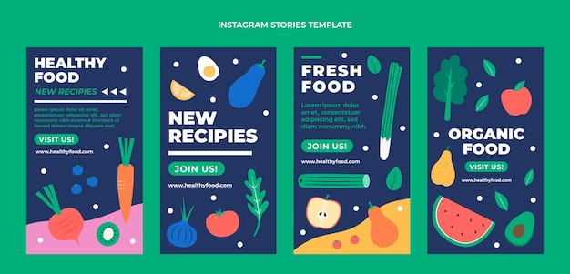 Vector historias de instagram de comida sana de diseño plano