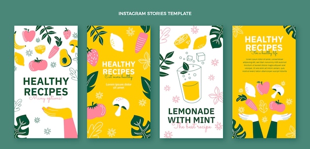 Historias de instagram de comida sana de diseño plano