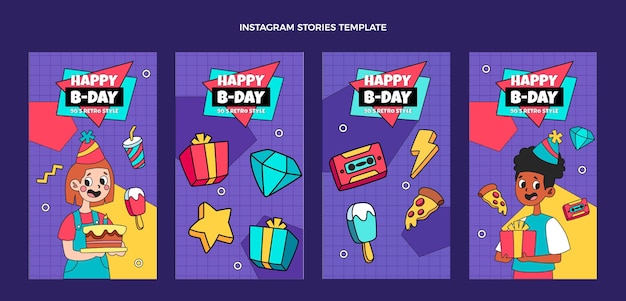 Vector historias de instagram de cumpleaños de los 90 dibujadas a mano