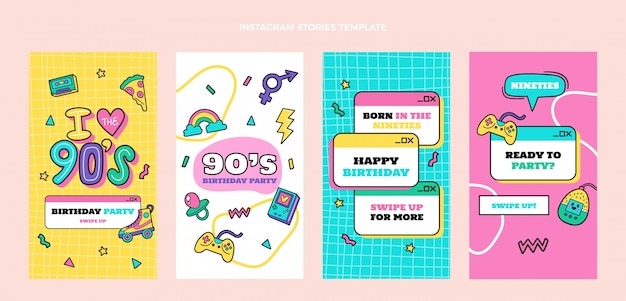 Vector historias de instagram de cumpleaños de los 90 dibujadas a mano