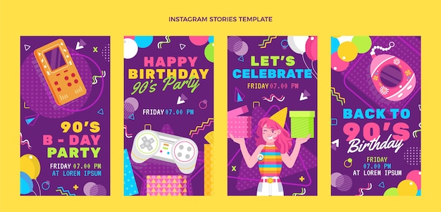 Vector historias de instagram de cumpleaños de los 90 de diseño plano