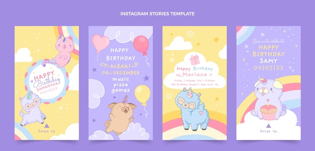 Vector historias de instagram de cumpleaños dibujadas a mano