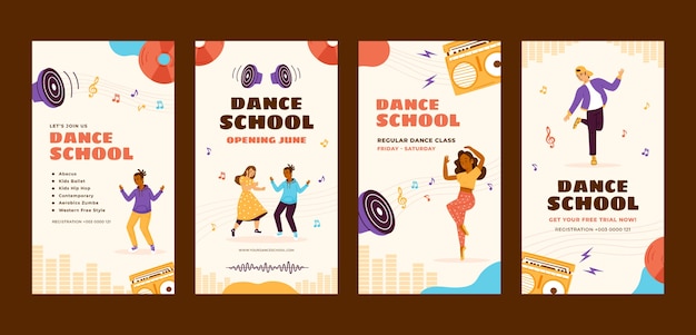 Vector historias de instagram de la escuela de baile dibujadas a mano