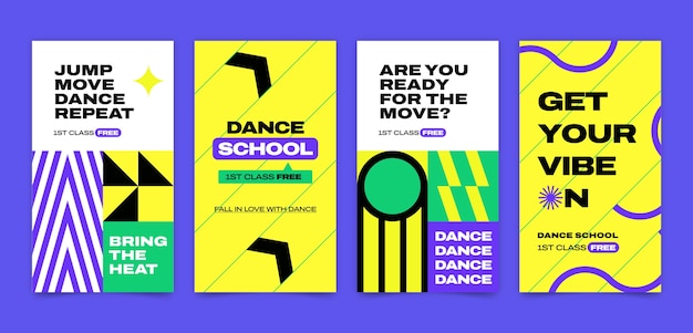 Vector historias de instagram de la escuela de baile de diseño plano