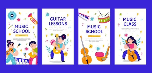 Vector historias de instagram de la escuela de música dibujadas a mano